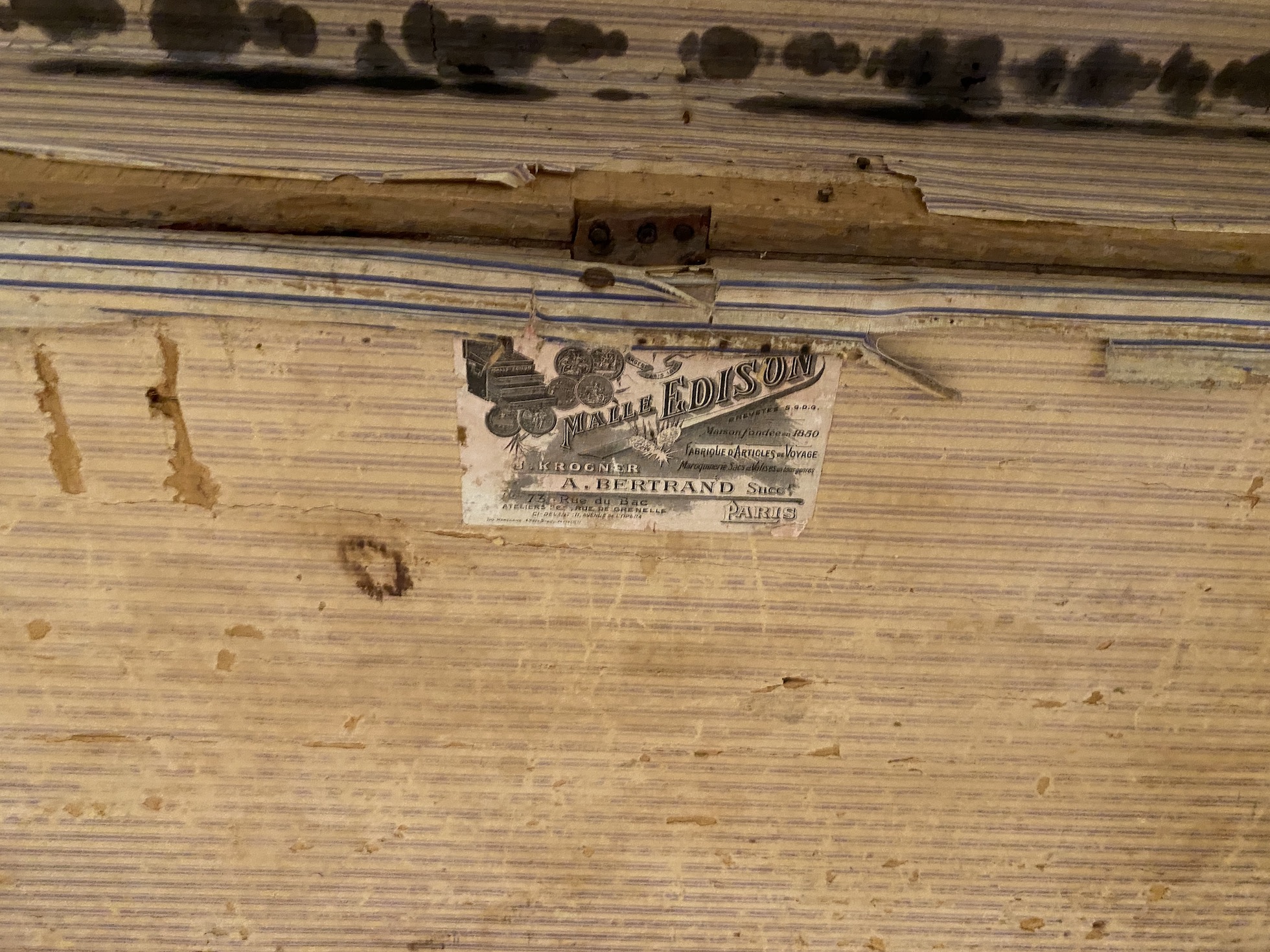 A late 19th century French travelling trunk with interior paper label “A. Bertrand, Paris”, length 106cm, width 60cm, height 66cm